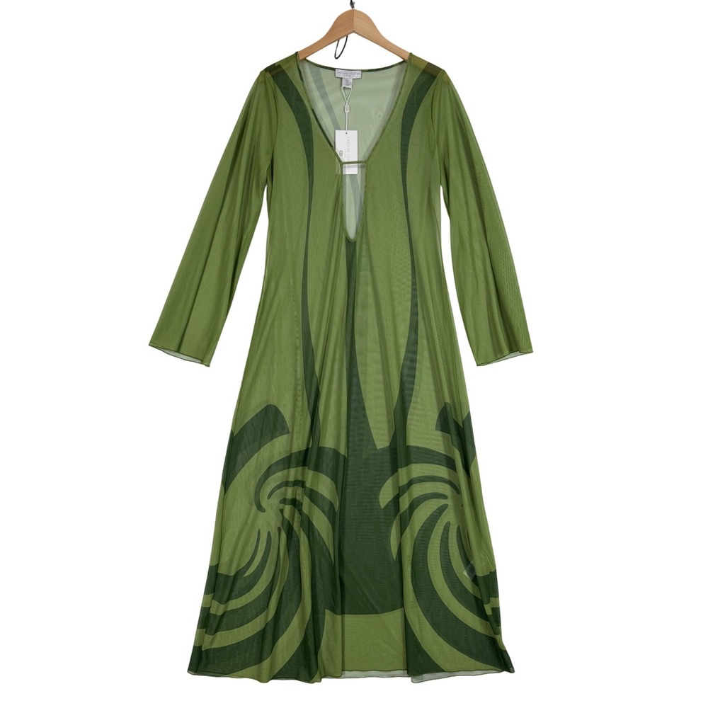 Caroline Constas Dress Swim Cover Large Green Swirl Mesh V-Neck Long Sleeve NWT